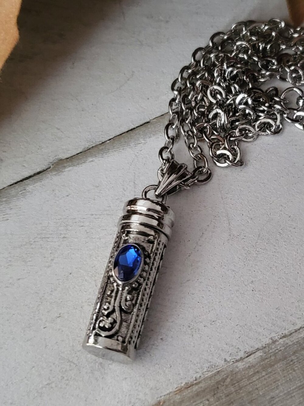 September Birthstone Sapphire Blue Crystal Cylinder Locket Pendant Necklace